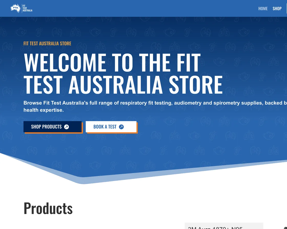Fit Test Australia — the new store's welcome screen in the brand's blue