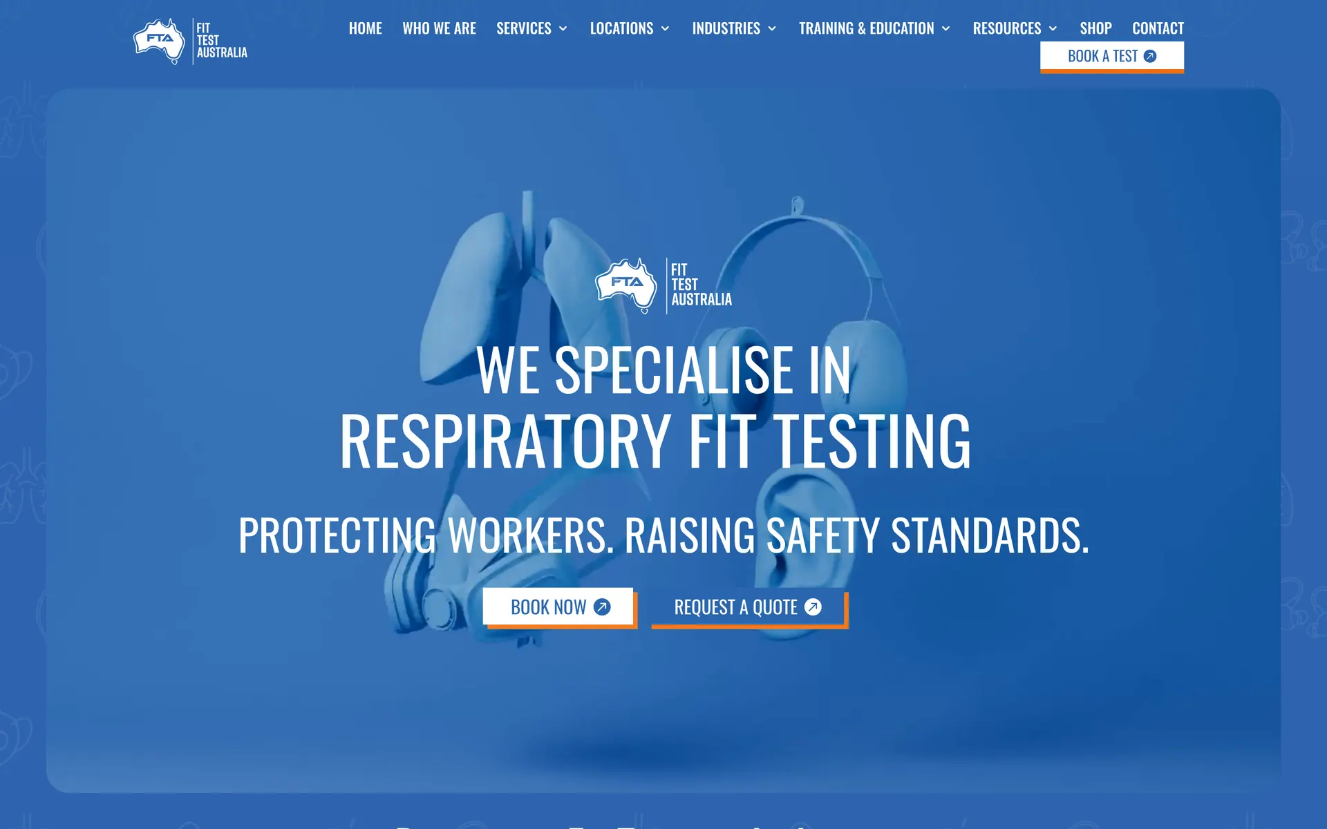 The Fit Test Australia brand site homepage — 'We specialise in respiratory fit testing. Protecting workers. Raising safety standards.'