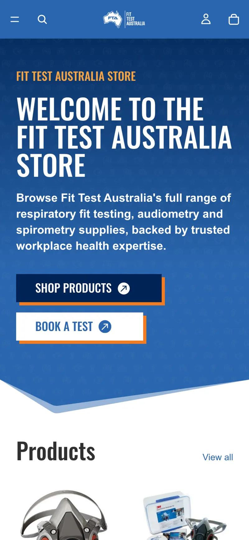 The Fit Test Australia store on mobile — the welcome screen and product grid at phone width