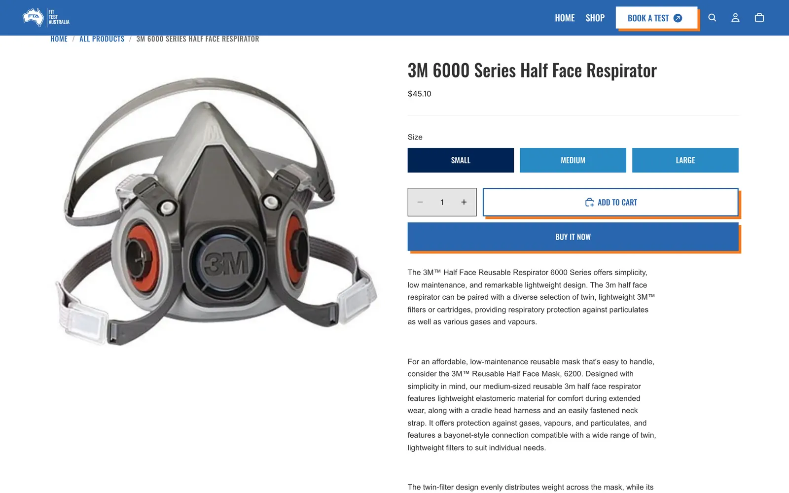 A Fit Test Australia store product page — the 3M 6000 Series half-face respirator