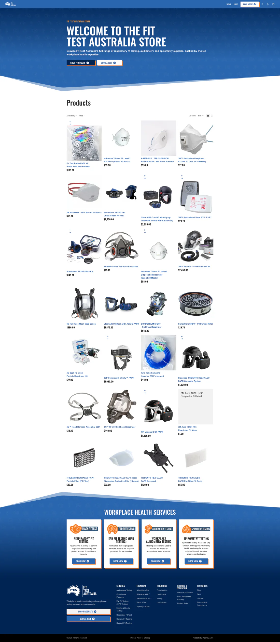 The Fit Test Australia Shopify store — the welcome hero over the full respirator, PAPR and filter range