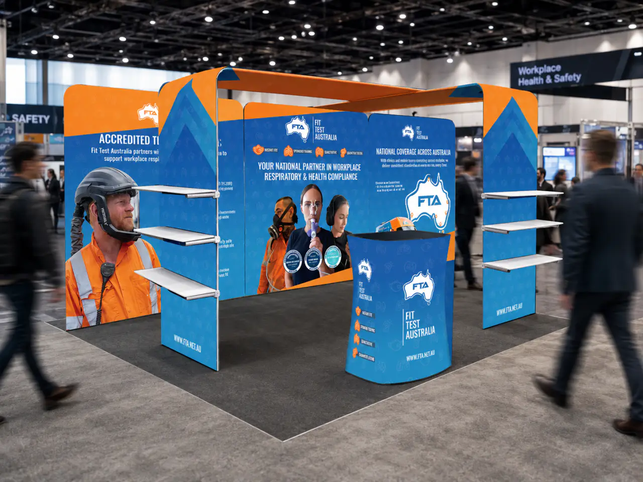 The Fit Test Australia stand at a workplace health and safety expo — blue and orange panels under the FTA map mark