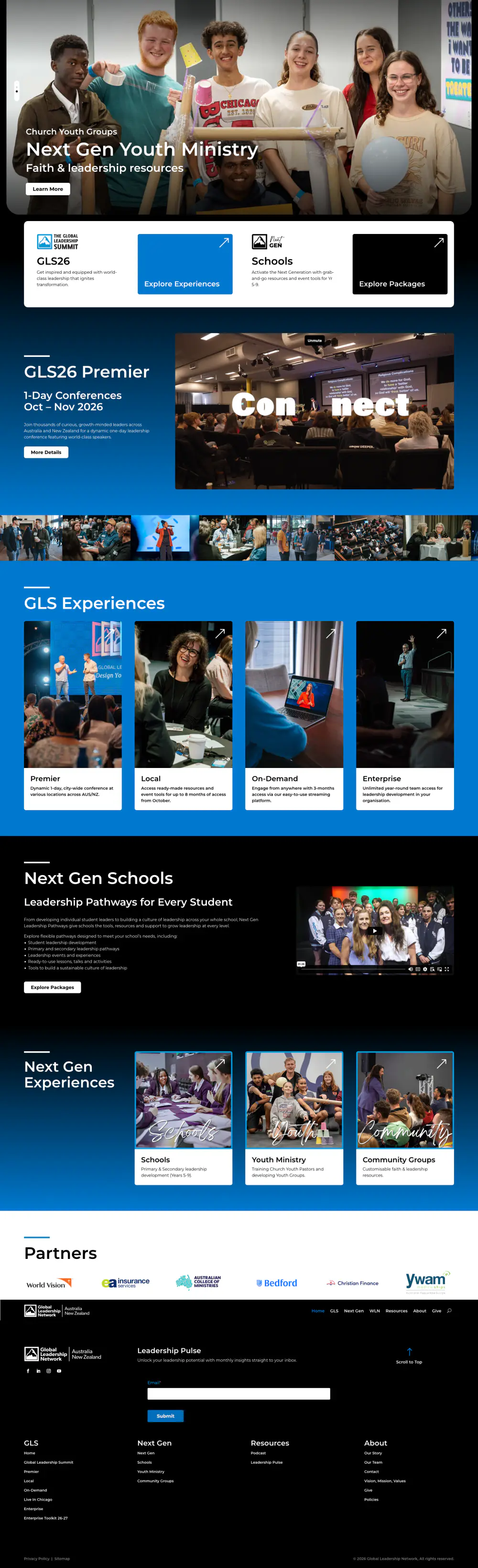The full Global Leadership Network Australia homepage — GLS experiences alongside the Next Gen schools, youth ministry and community group pathways