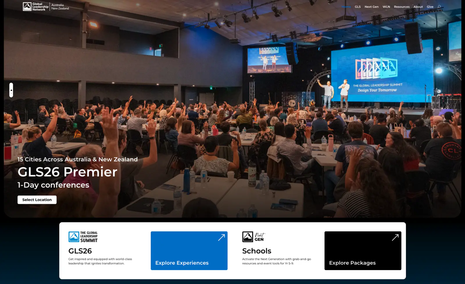 The Global Leadership Network Australia homepage — the GLS26 Premier hero over the GLS and Next Gen schools entry points