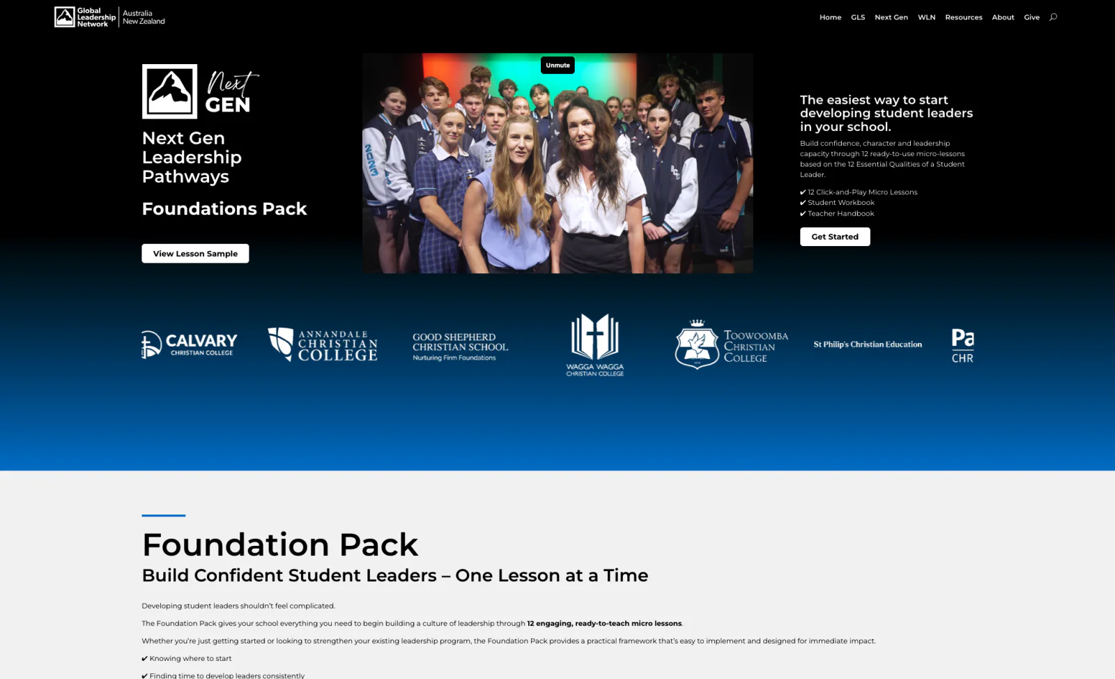 The Next Gen Leadership Pathways Foundations Pack page — twelve click-and-play micro-lessons with a student workbook and teacher handbook