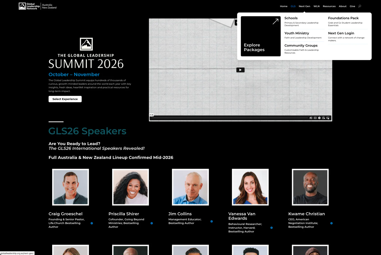 The Global Leadership Summit 2026 page — the GLS26 speaker line-up with the Next Gen package menu open in the nav