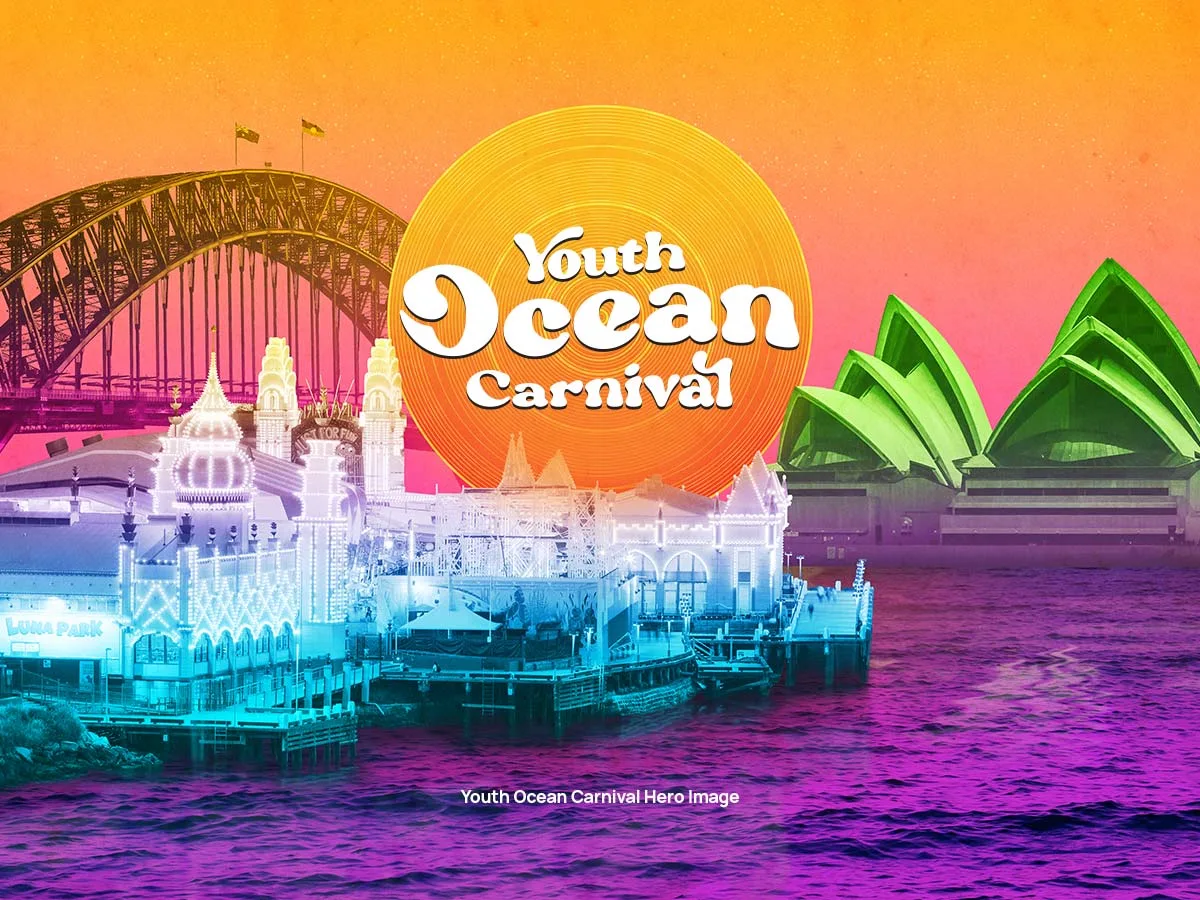 The Youth Ocean Carnival brand hero — Luna Park and the Opera House in saturated sunset colour under the retro YOC logo